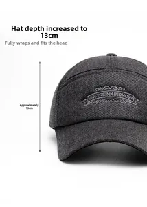 Detailed view of dark grey baseball cap showing 13cm depth and white letter embroidery