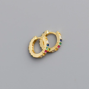 Detail view of gold S925 sterling silver hoop earrings with micro-set colorful zircon stones