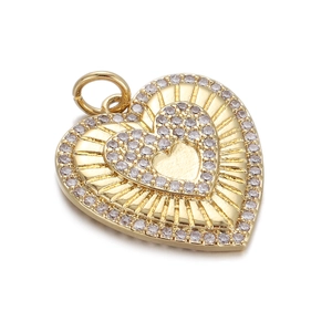 Golden heart-shaped zircon pendant with radial pattern and top ring for DIY jewelry making