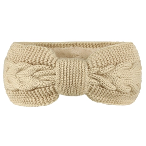 Close-up of beige knitted headband showing cable knit texture and warm fleece lining
