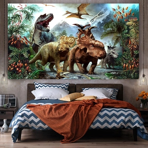 Tapisserie murale dinosaure réaliste avec T-Rex et Triceratops pour décor de chambre