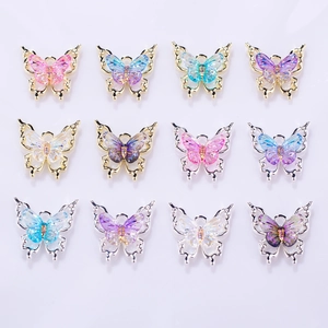 Macro view of 3D gradient resin butterflies with laser color shifting wings in gold and silver frames