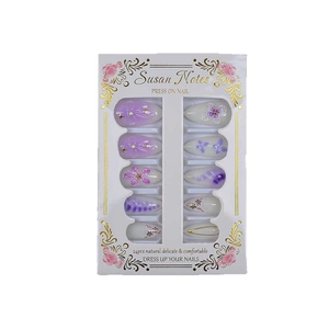 French almond press-on nails with 3D purple flowers, gold foil, and pearls set of 24