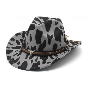 Retro cow print fedora wool felt hat with bull skull buckle and leather band