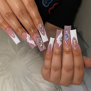 Press On Nails Coffin Long French Tip Pink White Resin Rhinestone 3D Flower Elegant Artificial Fake Nails For Women