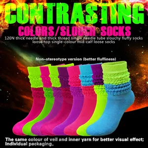 Japanese Retro Scrunched Slouch Socks Color Blocking Knitted Bubble Stockings Long Tube Thick Warm Socks For Women Casual