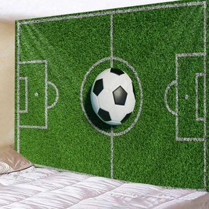 Soccer field tapestry with green grass and football design for bedroom wall decor