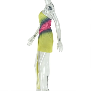 Detail of gradient asymmetric dress with side drapes and pleated shoulder detail