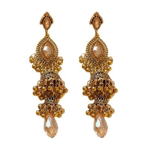 Boucles d'oreilles ethniques vintage dorées avec cristaux champagne et pompons fins