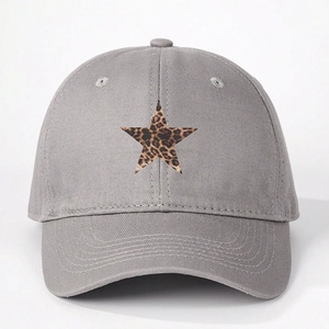Detailed close-up of grey cotton baseball cap with leopard print star patch and stitching