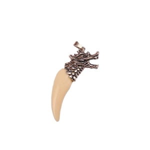 Ancient silver dragon head pendant with off-white resin wolf tooth on black cord