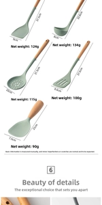 Detailed specs of green silicone kitchen utensil set with natural wooden handles