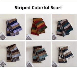 Detailed grid view showing six color combinations of striped knit scarves for winter