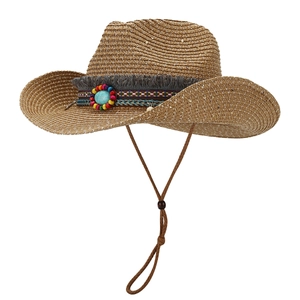Women's straw cowboy hat with bohemian turquoise band and adjustable chin strap