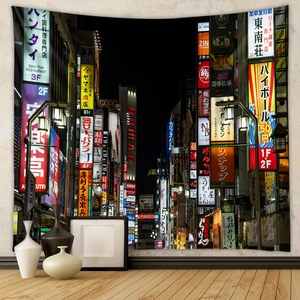 Detail of Bohemian Japanese night market wall tapestry with vibrant neon street signs