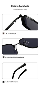 Detail view of steampunk square sunglasses showing firm metal hinges and comfortable nose pads