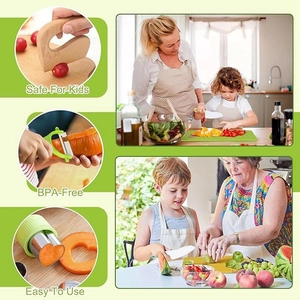 Detail view of safe wooden kids knife set with BPA-free vegetable cutter and peeler kit