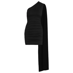 Detail of black one-shoulder dress featuring side drape and ruched bodycon texture