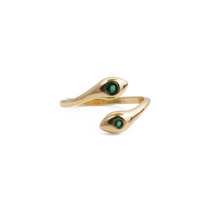 Detail of snake open ring with double snake heads and green zircon gemstones