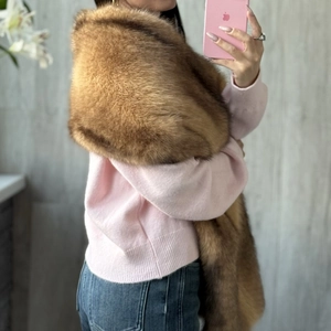 Faux fox fur shawl in gradient brown, long warm winter stole styled with a pink sweater