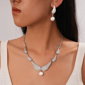 Angel Wings Pendant Necklace And Earrings With Alloy Rhinestone Imitation Artificial Pearl And Silver Earring Post For Women Jewelry
