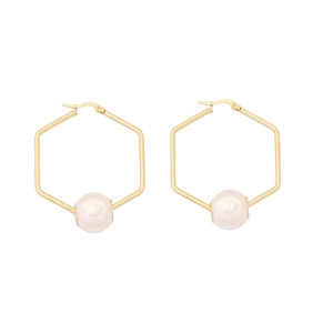 Elegant geometric gold hexagon pearl earrings with polished finish and white round pearls