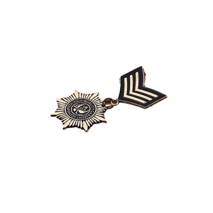 Vintage gold metal V-shape medal brooch with black enamel and hanging star charm