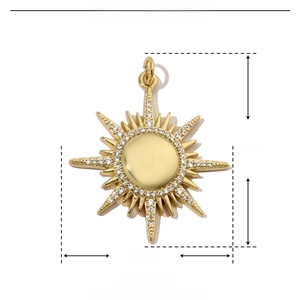 Detailed technical drawing of a 34mm gold sun pendant made of copper and cubic zircon