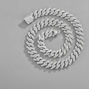 Men's 15mm heavy Cuban link chain necklace with silver-tone micro-pave crystals