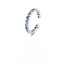 Macro view of S925 sterling silver ring with colorful zircons and S925 hallmark stamp