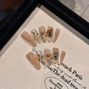 Handgemachte Press On Nägel Champagner Katzenauge Strass Kristall Luxus Elegant Mandelform Falsche Nägel Für Frauen