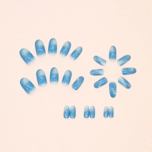 Blue and white gradient oval press-on nails set with subtle marble texture 24pcs