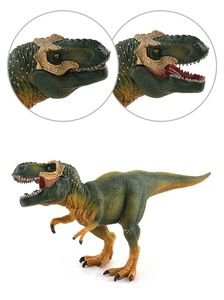 Detail view of T-Rex dinosaur model with articulated jaw and realistic skin texture