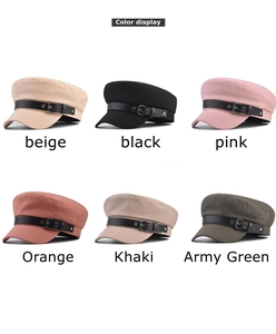 Selection of six colors for cotton baker boy hats with black leather buckle strap