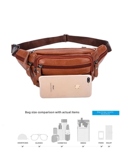 Detail view of brown leather waist bag showing size comparison and storage capacity