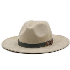 Beige faux suede fedora hat with dark olive ribbon and leather buckle accent