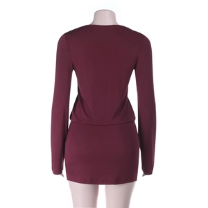 Rear view of a fitted wine red long sleeve mini dress featuring a sleek knitted fabric finish
