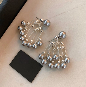 French vintage silver tassel earrings with grey pearls and elegant metal chains