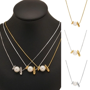Pendant Necklace Stainless Steel Artificial Pearl Snake Chain Geometric Minimalist Waterproof Hypoallergenic Jewelry For Women