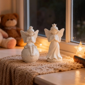 Two-piece white angel figurines set with wings and crowns for cozy home decoration