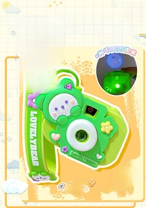 Detail view of green bear projector camera keychain with 8 patterns and lovelybear strap