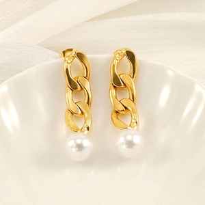 Gold plated stainless steel Cuban chain drop earrings with white pearls for women