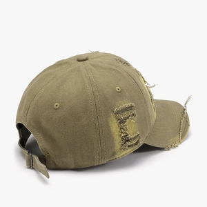 Distressed vintage baseball cap in olive green canvas shown from a 45-degree back view