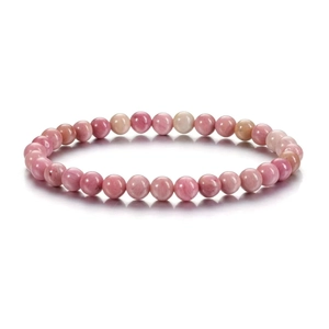 Pink rhodochrosite 8mm beaded distance bracelet with natural stone texture on white background