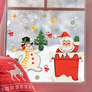 Detailed view of Christmas window stickers featuring snowman and Santa in a cozy room