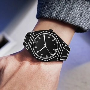 Close-up of minimalist black quartz watch with 2D anime style lines on male wrist