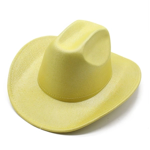 Detailed macro view of yellow cowboy hat with fine texture and white double stitching