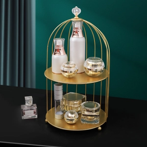 Double-tier golden birdcage perfume organizer rack with elegant glass crown handle