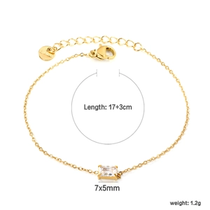 Gold stainless steel chain bracelet with a 7x5mm rectangular zircon and 17+3cm length