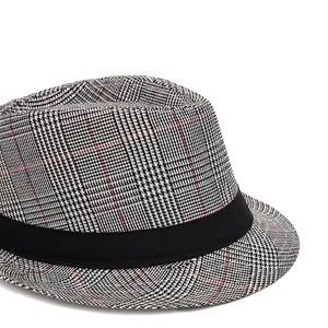 British style checkered fedora hat with black ribbon trim and wide brim for sun protection